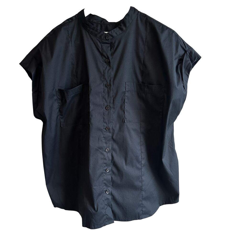 Chico's Poplin Patch Short Sleeve Shirt Black L US 12 or 2